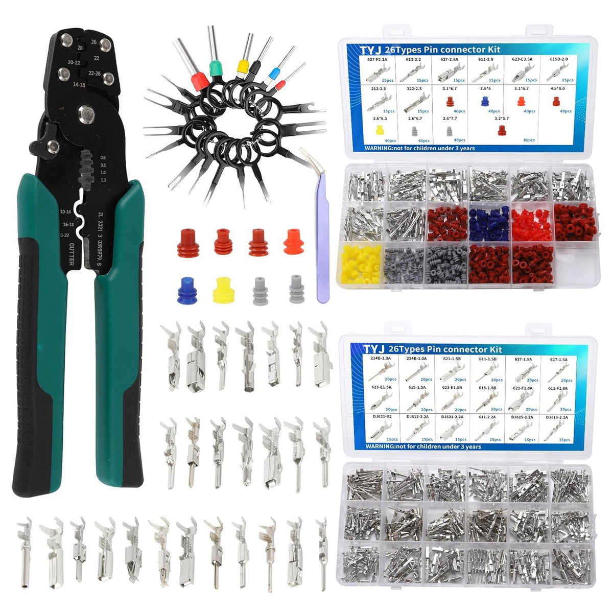 TYJ 812Pcs pin connector kit with crimping pliers in a case for quick automotive wiring.
