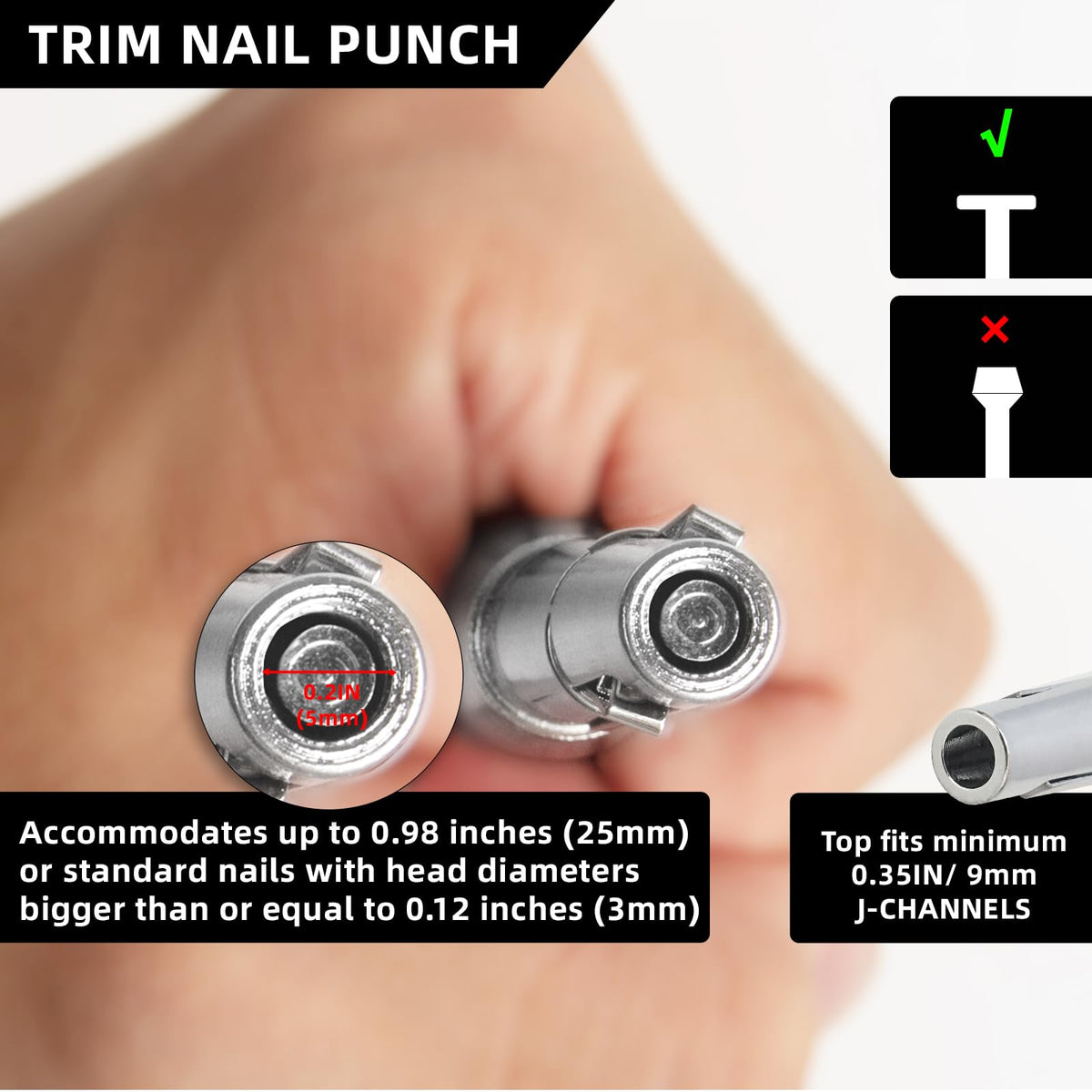 TYRWEEY trim nail punch rubber collar reduces impact when finishing nails are fully seated.