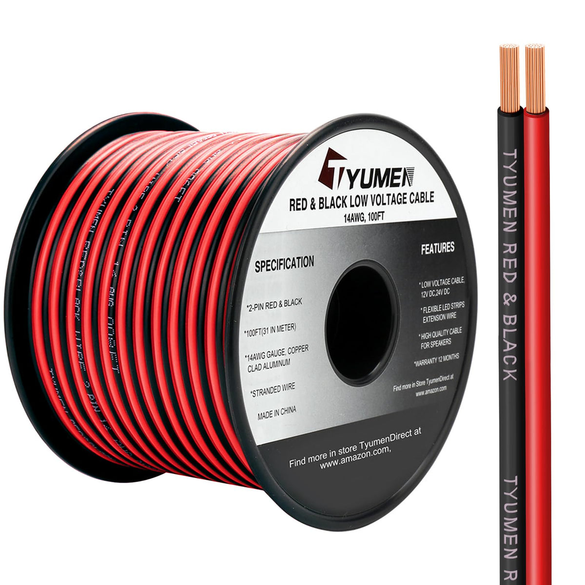 Tyumen 100ft red 14 AWG wire spool for LED strip power connections.