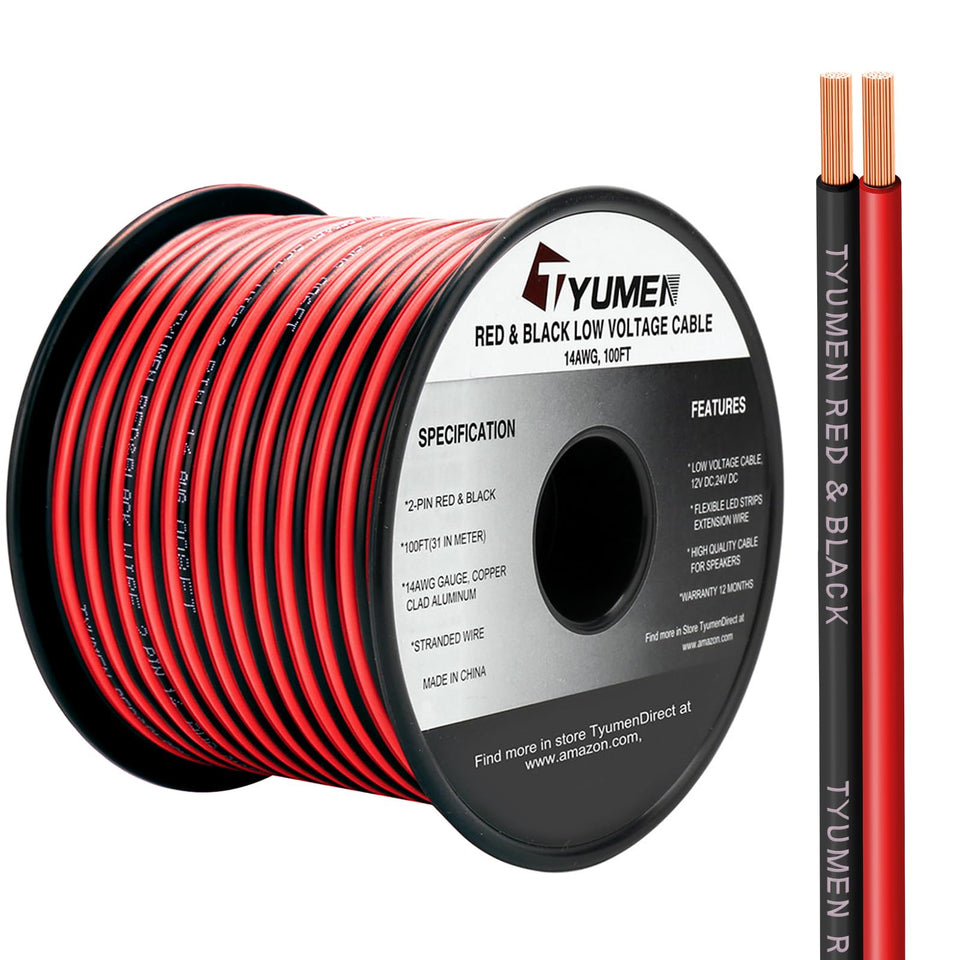 Tyumen 100ft red 14 AWG wire spool for LED strip power connections.