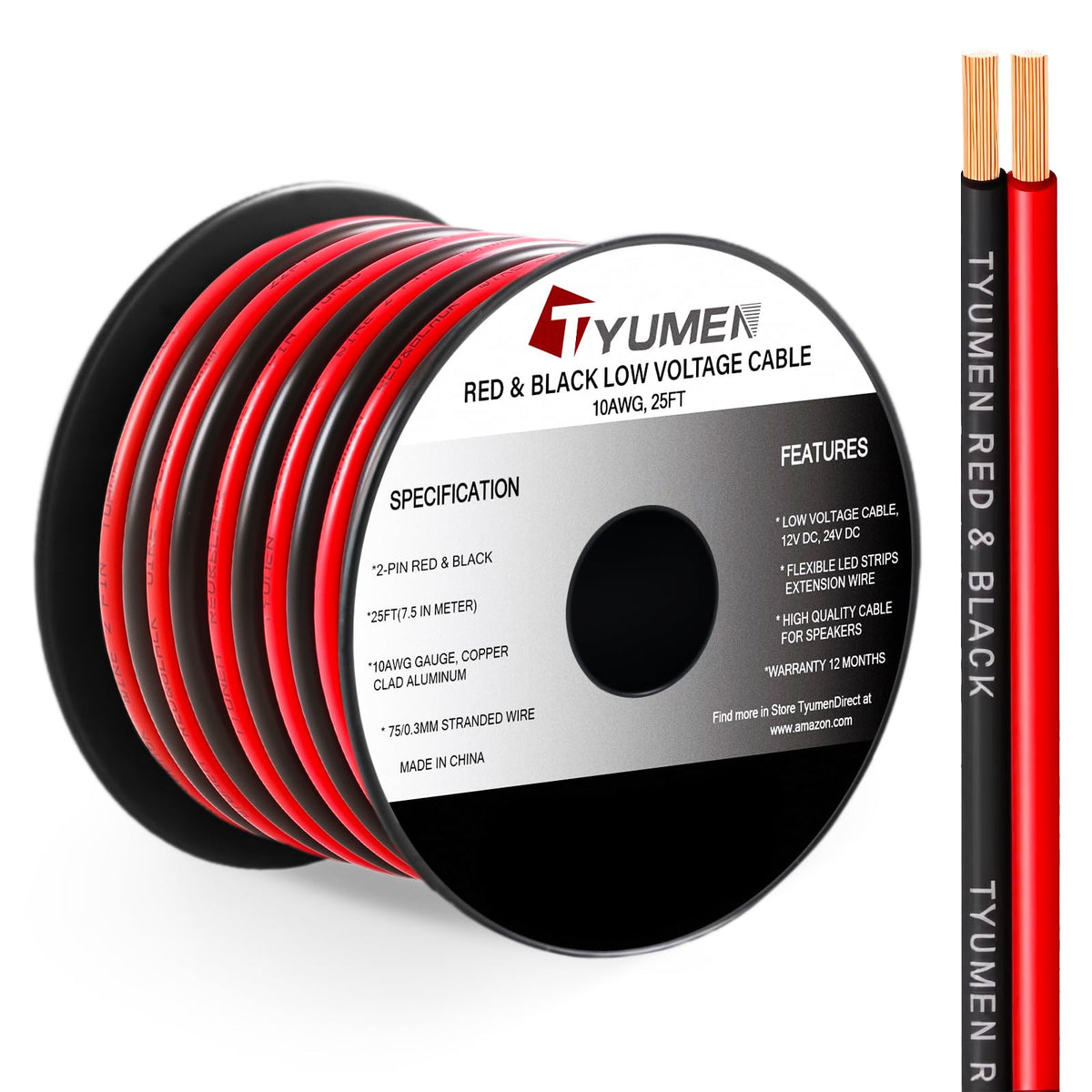 Tyumen 10AWG red wire spool for low-voltage speaker and LED projects