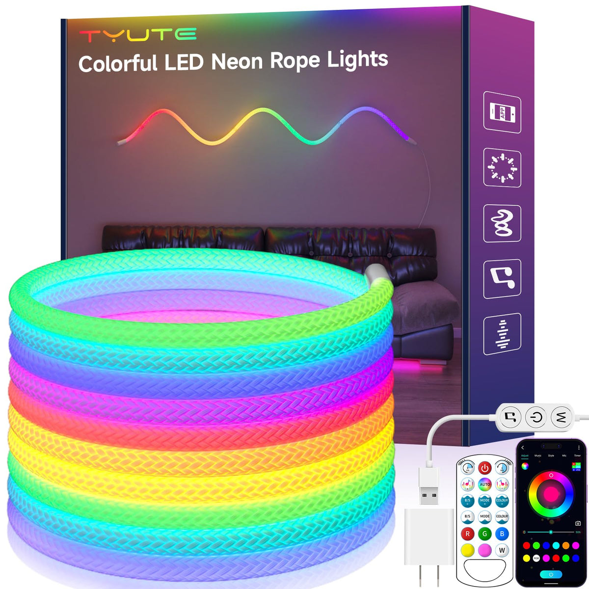 Tyute LED rope lights provide 360-degree illumination for even room lighting.