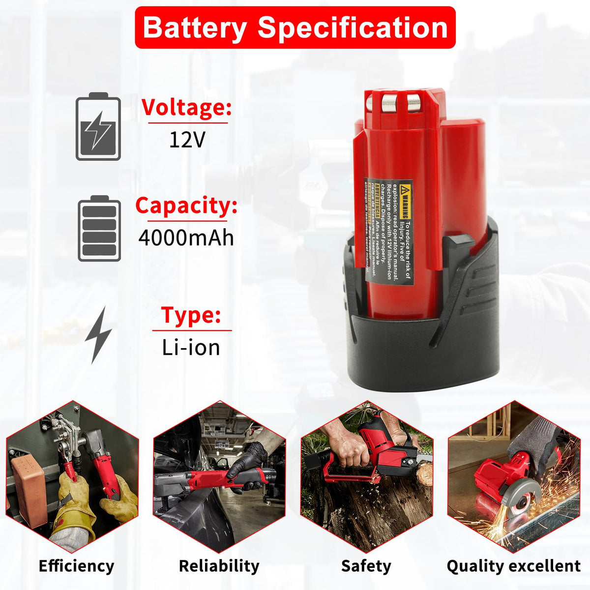 UADCA replacement battery 48-11-2411 compatible with Milwaukee 12V tools
