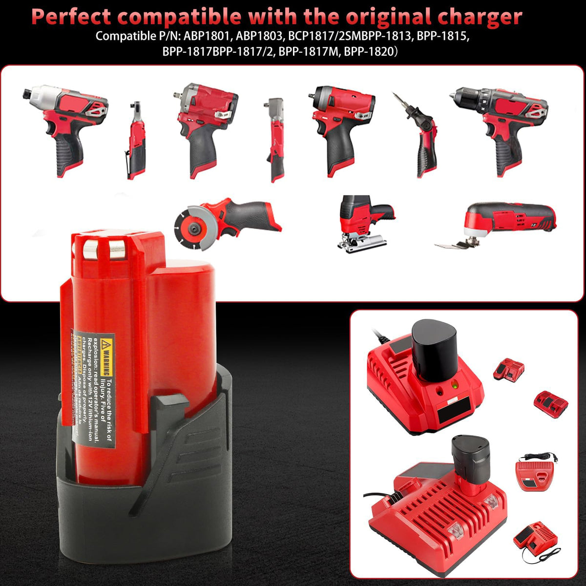 UADCA replacement battery 48-11-2412 compatible with Milwaukee 12V tools