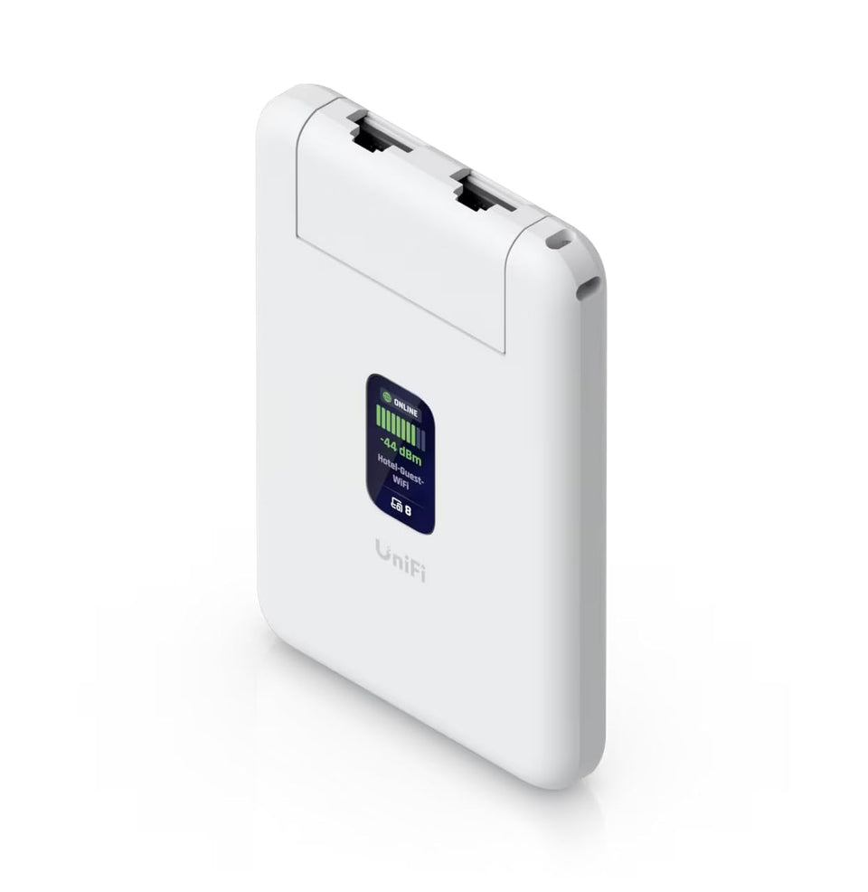 Ubiquiti UniFi UTR travel router front view shows slim, pocket-friendly design for travel