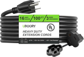 UBOORY outdoor extension cord 100ft black with 3-prong plug for long power reach.
