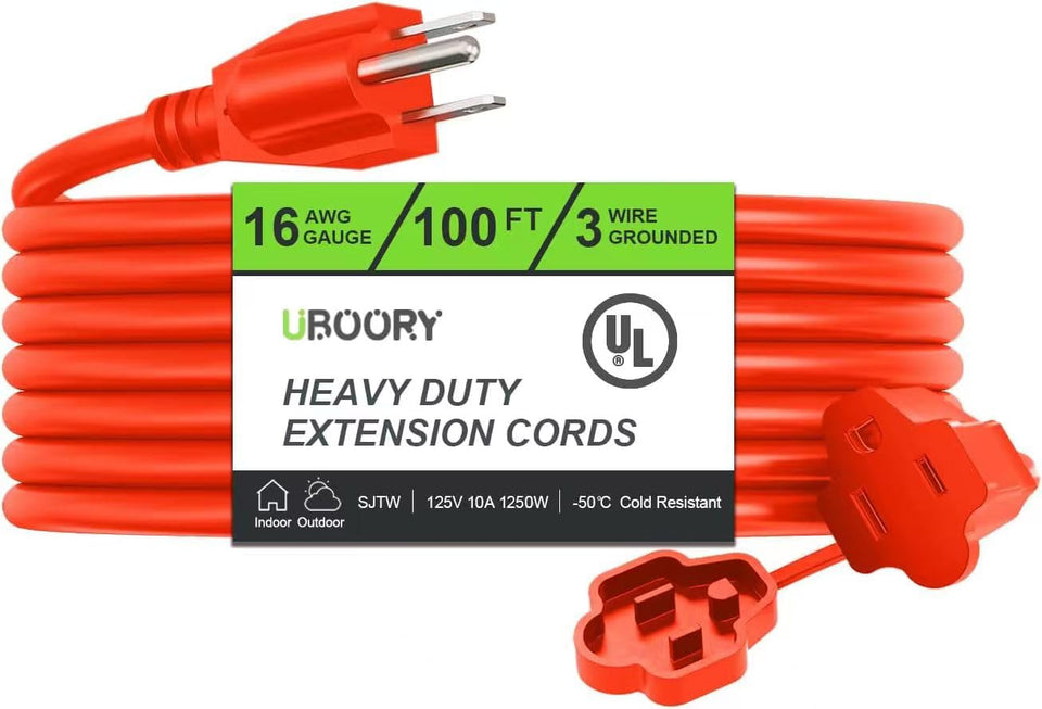 UBOORY outdoor extension cord 100ft orange with 3-prong plug for long-range power