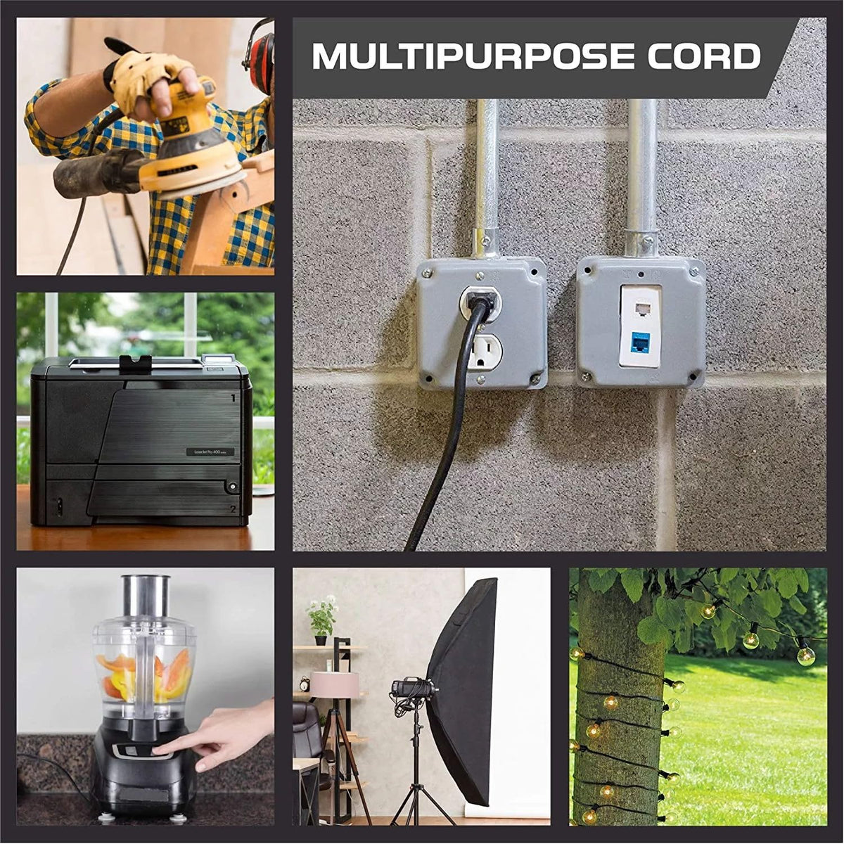 UBOORY waterproof cord withstands rain and damp job sites.