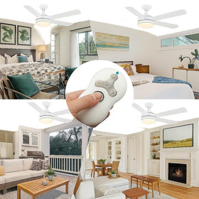 UBORSY remote in use controlling ceiling fan from across the room.