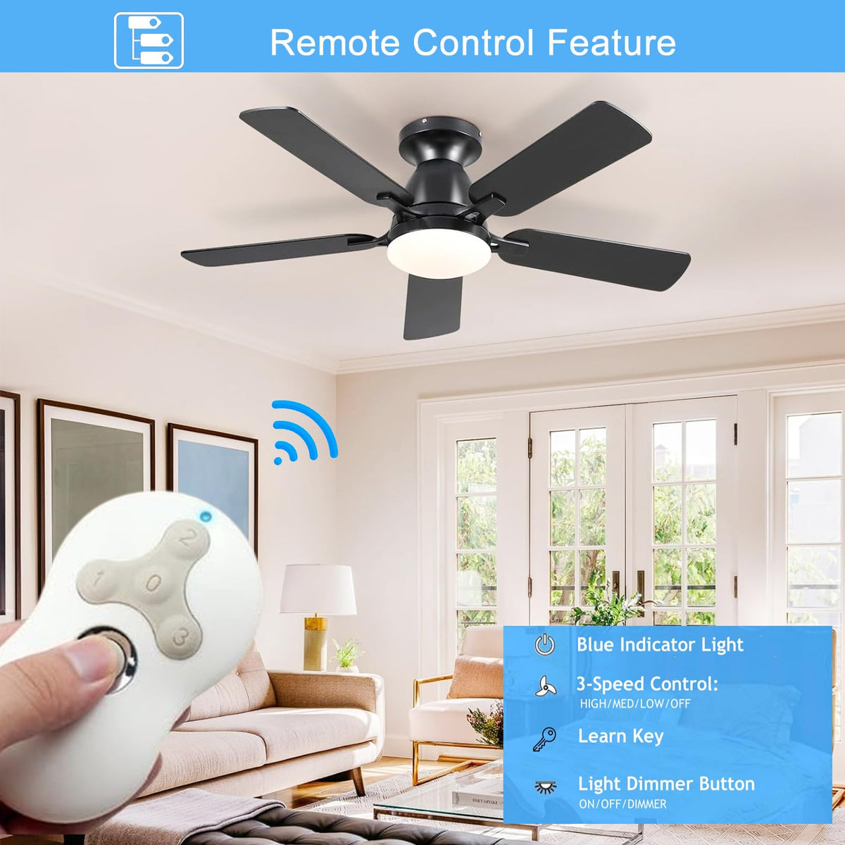 UBORSY pairing guide visual showing fast syncing with ceiling fan receiver.
