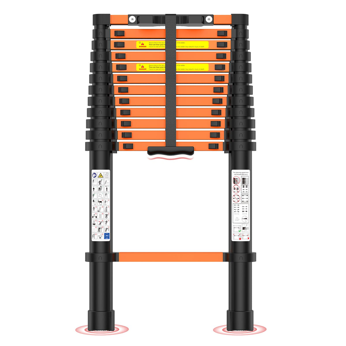 UC UP CLIMBER telescoping ladder extended to 12.5 ft for high-reach tasks.