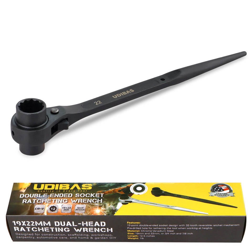 Udibas reversible ratcheting wrench with double-ended socket in scaffold setup
