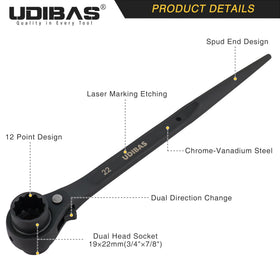 Udibas wrench tapered end aids bolt-hole alignment for faster setup