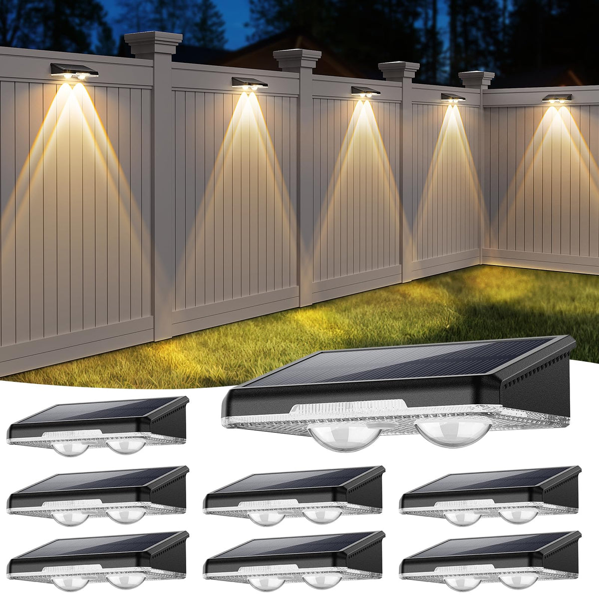 UGDLUCK Solar Fence Lights 8-pack front view for versatile outdoor lighting on fences and patios