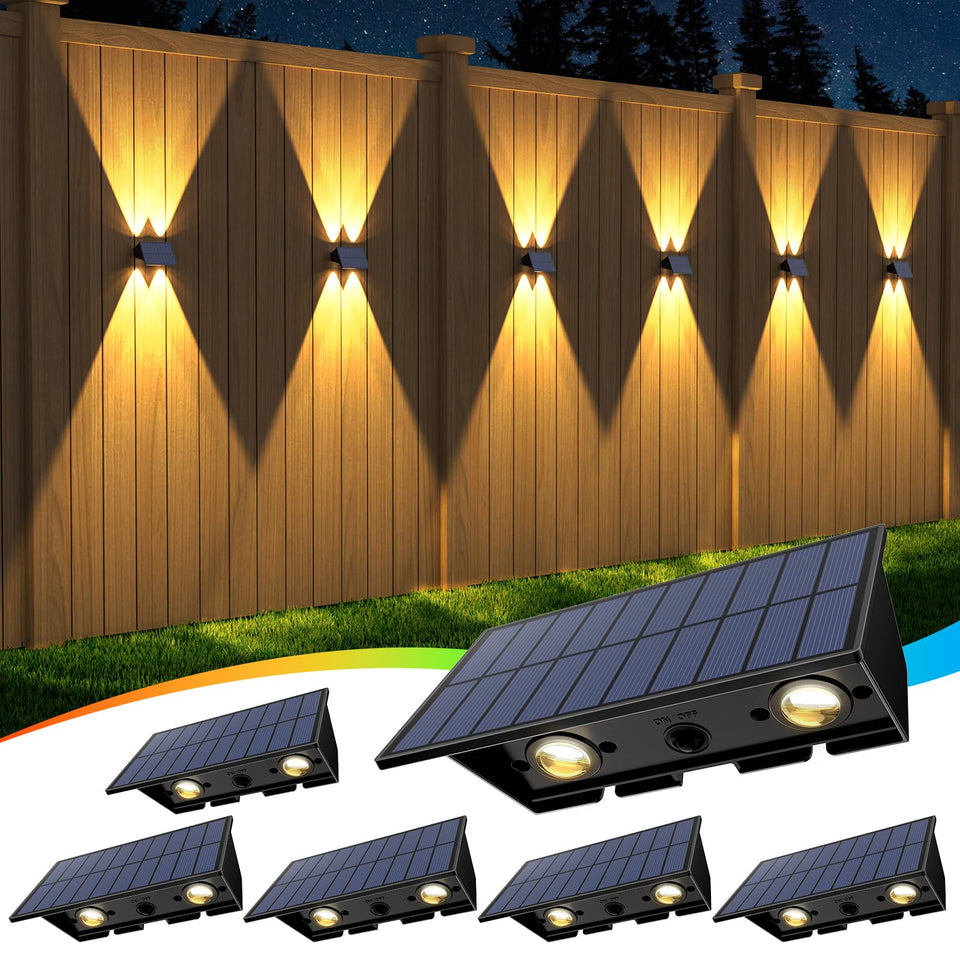 UGDLUCK solar fence light in warm white on wall, stylish courtyard glow.