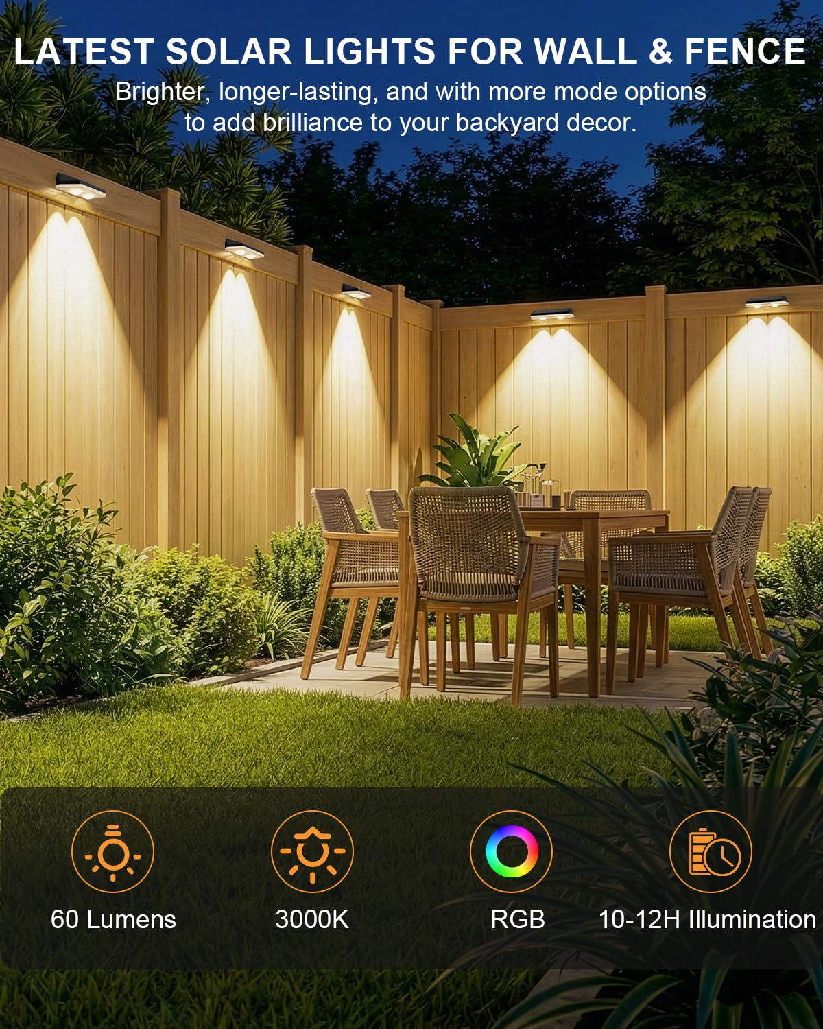 UGDLUCK solar fence lights in warm white mode for cozy evening ambience