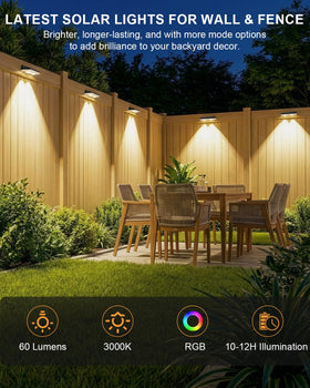 UGDLUCK solar fence lights in warm white mode for cozy evening ambience