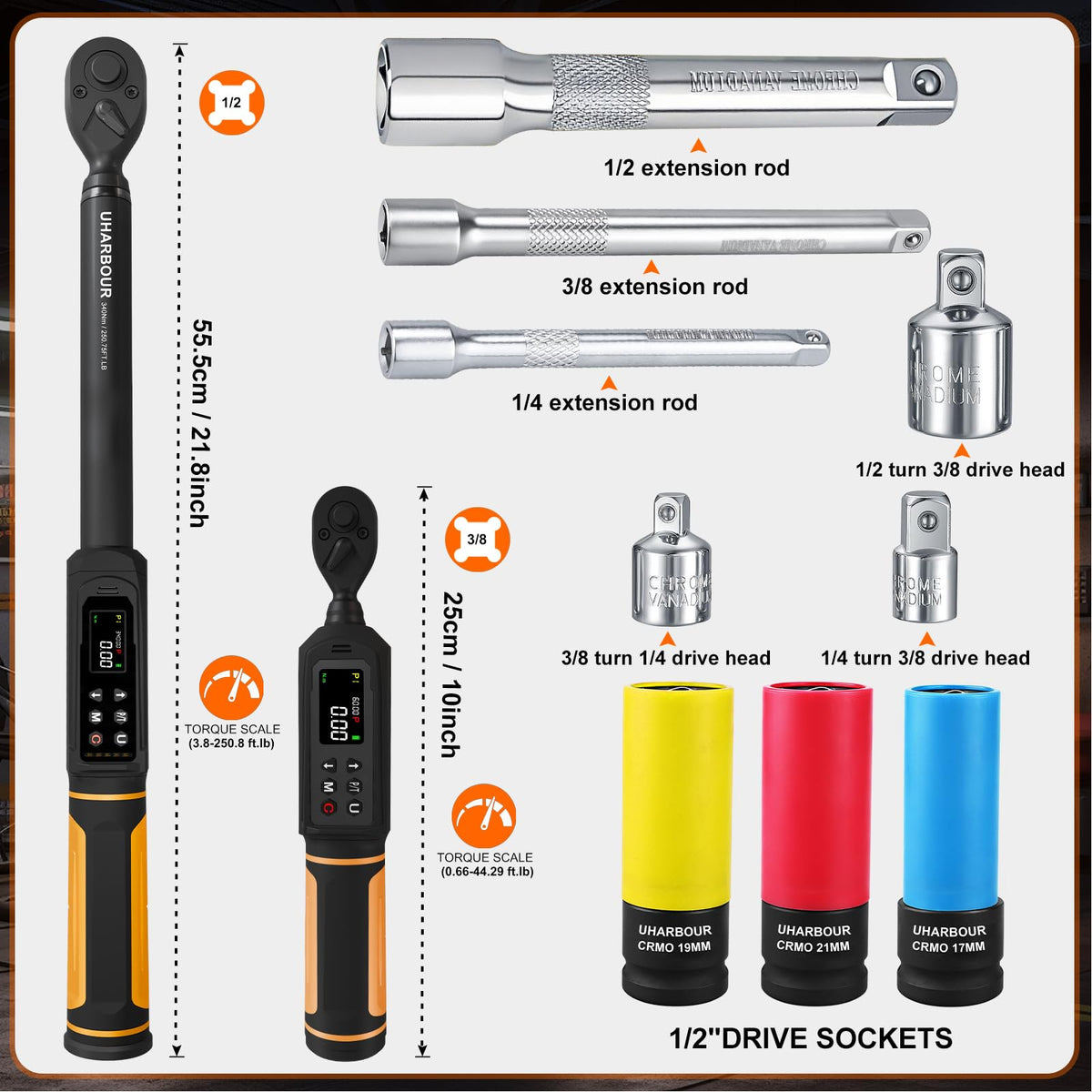 Uharbour digital torque wrench 1/2 drive covers heavy-duty fastening with confidence.