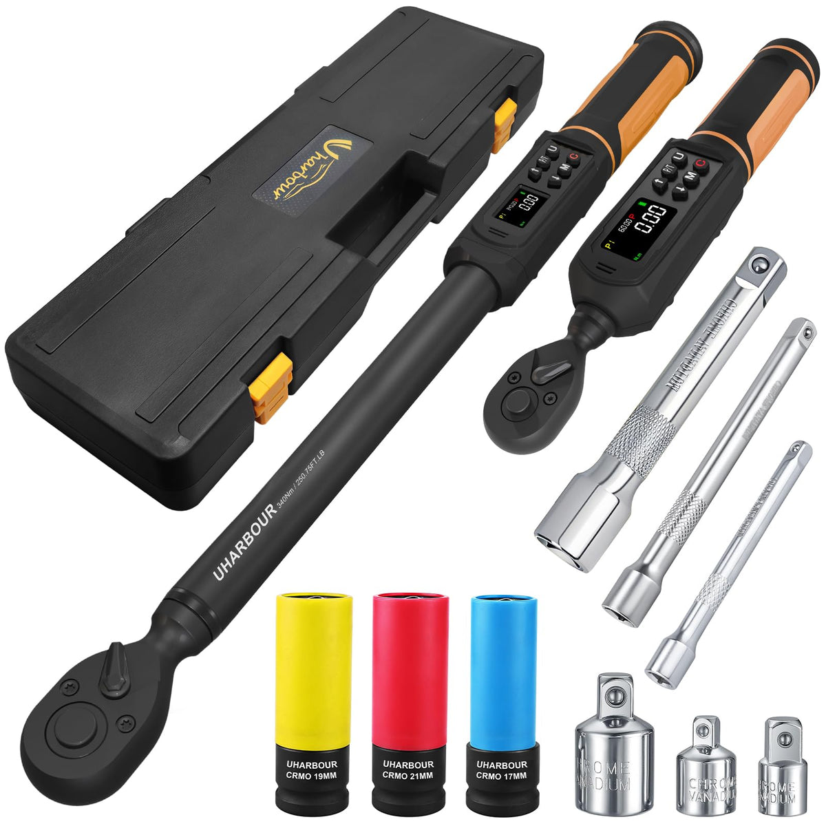 Uharbour digital torque wrench 3/8 drive shows precise torque for accurate tightening.