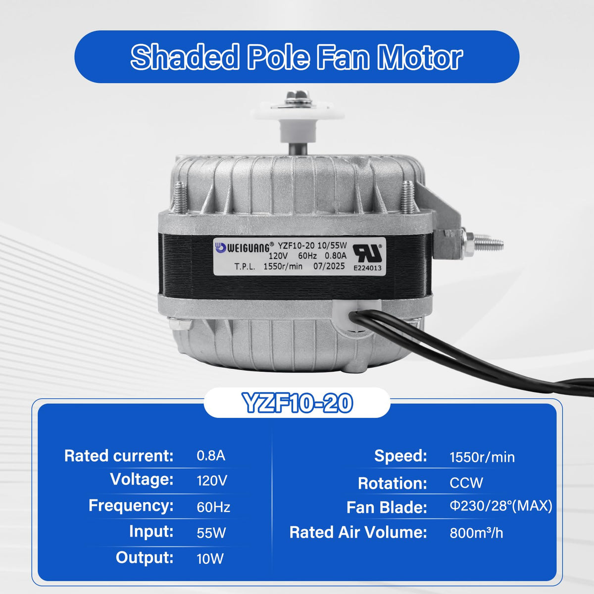 UHEGDRR YZF10-20 fan motor side view shows compact sleeve bearing design for efficiency