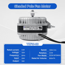 UHEGDRR YZF10-20 fan motor side view shows compact sleeve bearing design for efficiency