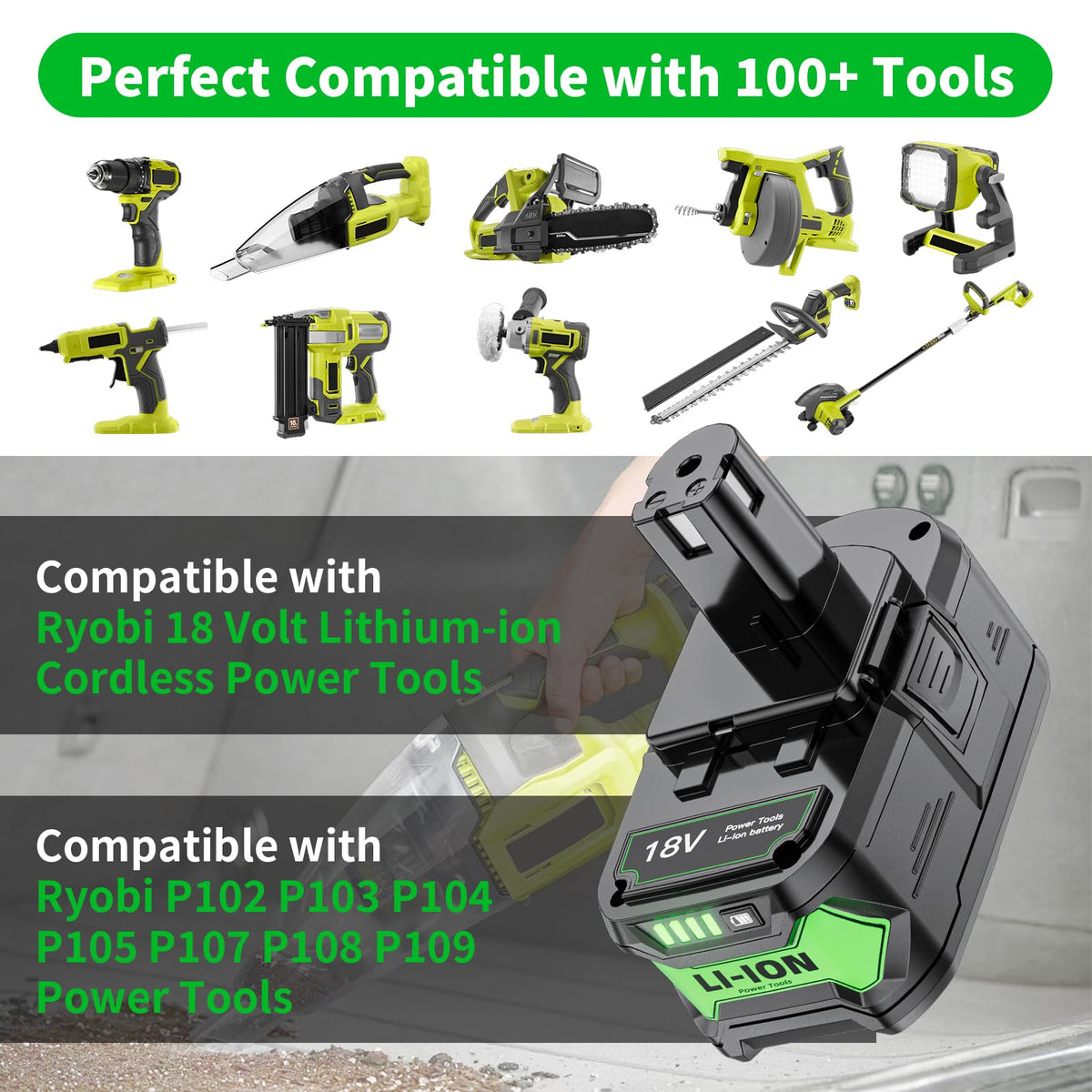 Uionvot compatibility with Ryobi 18V tools including RB18L50 and P102