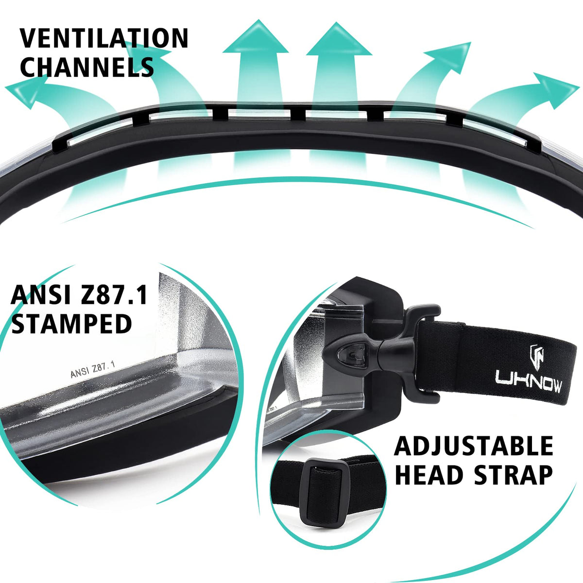 UKNOW Safety Goggles ANSI Z87.1 Certified for reliable eye protection.