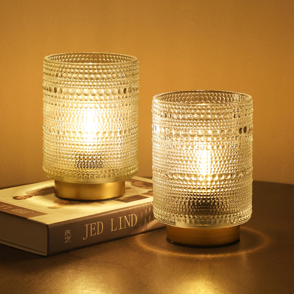 ULAROOM 2-pack glass shade lamp on bookshelf emits warm ambient glow