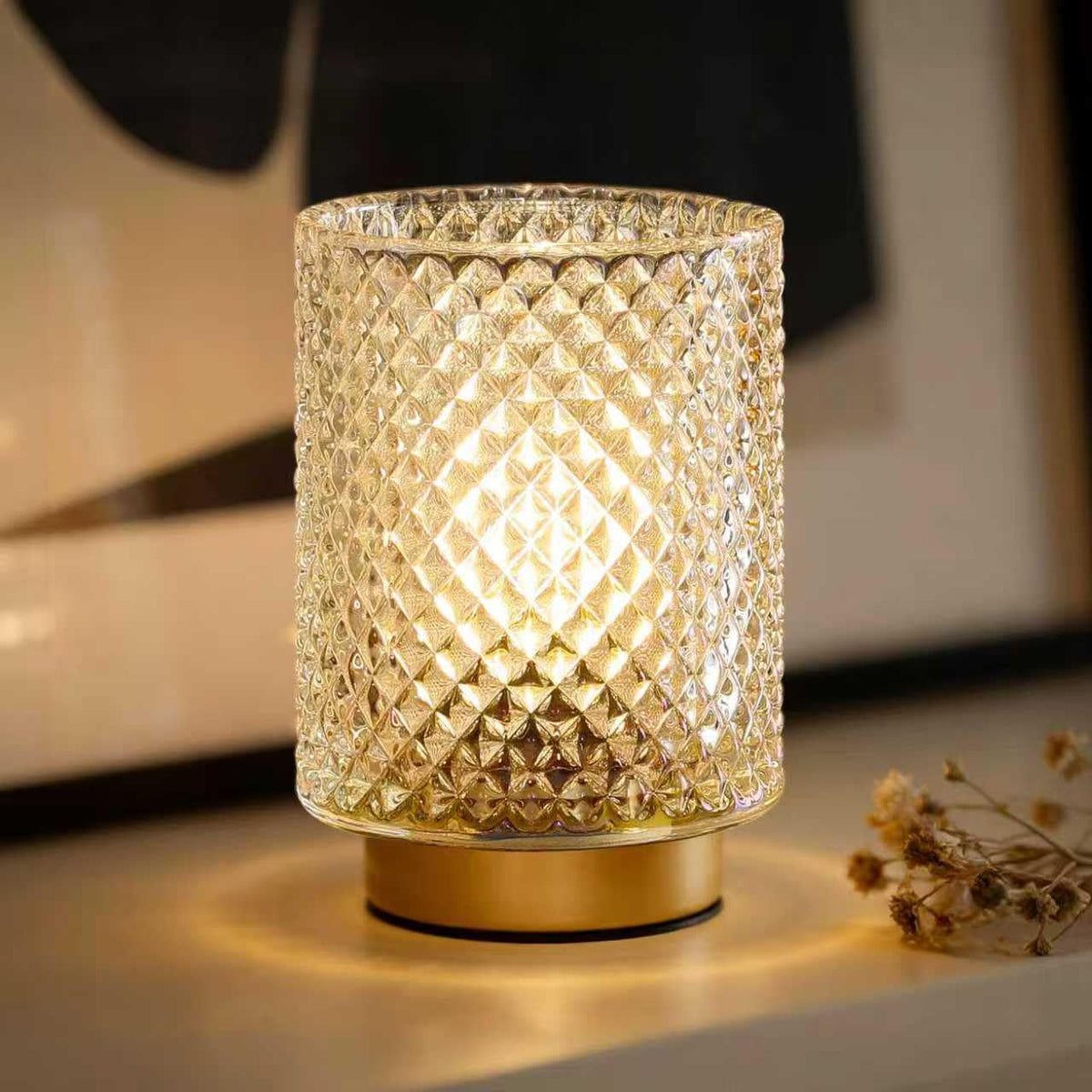ULAROOM battery-operated lamp with iridescent glass shade for cozy bedside lighting.