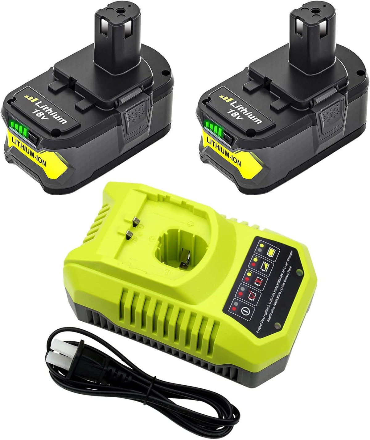 ULATI 18V 8Ah battery with LED indicators shows charge level for Ryobi tools.