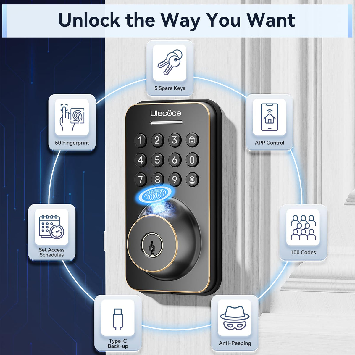 Ulecoce app-controlled lock enabling temporary codes for guests and deliveries.