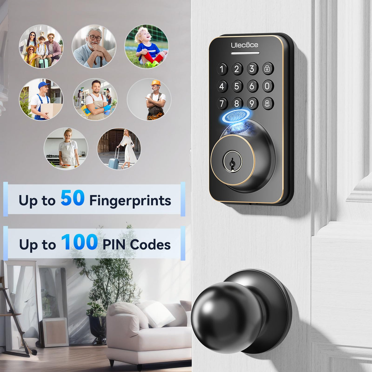 Ulecoce auto-lock feature secures doors after 10–30 seconds.