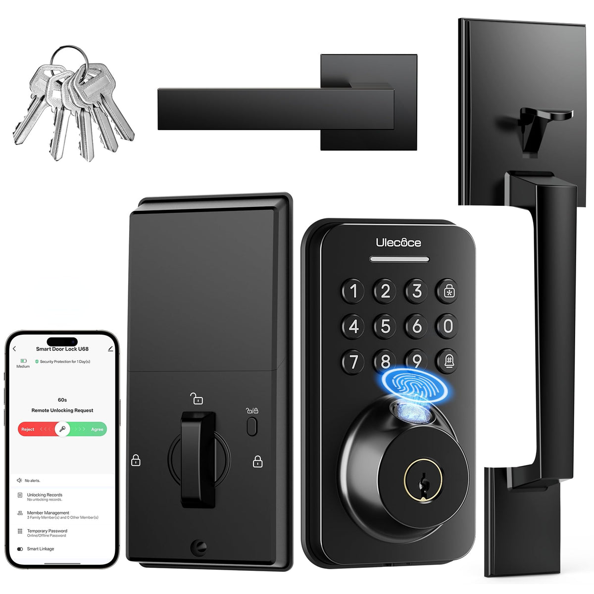 Ulecoce fingerprint deadbolt handle set on front door for secure keyless access.