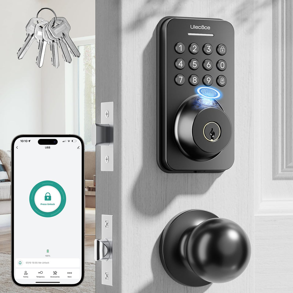 Ulecoce fingerprint keypad deadbolt with handle offers fast, secure home entry.