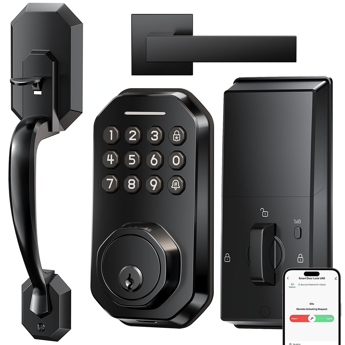 Ulecoce WiFi Smart Door Lock front view in zinc alloy for secure entry.