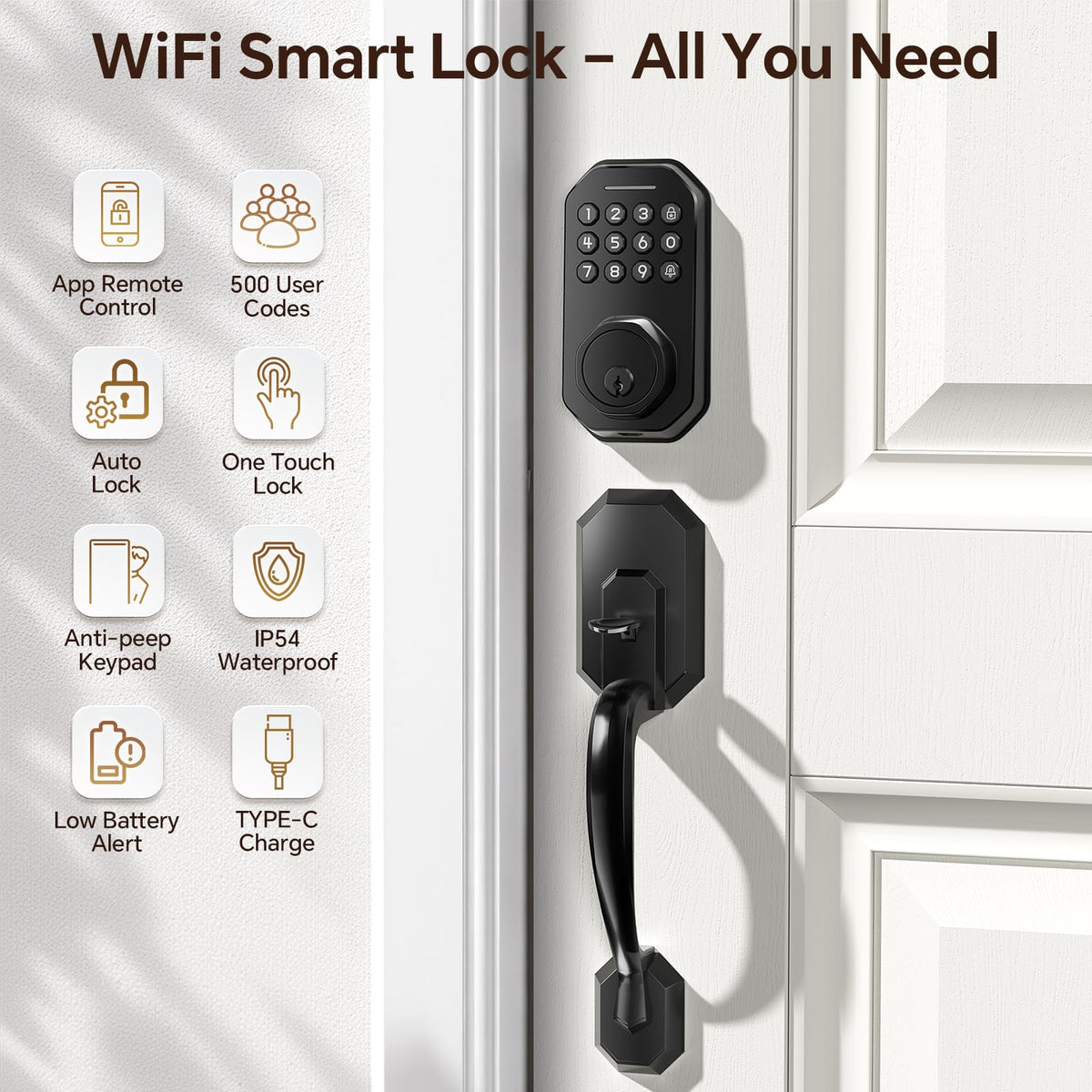 Ulecoce WiFi Smart Door Lock with handle set in action.
