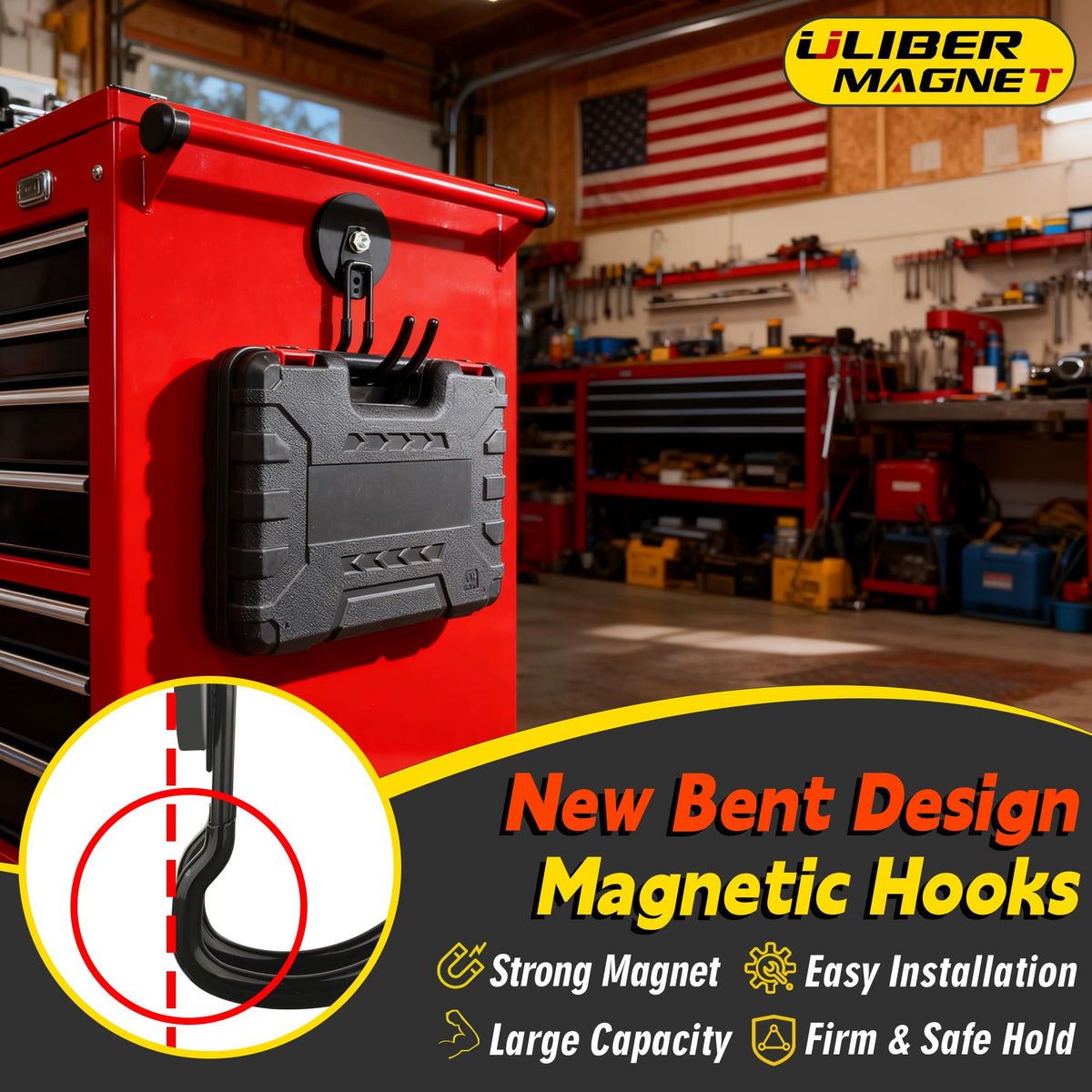 ULIBERMAGNET 40 lb holding power hook keeps heavy tools within reach.