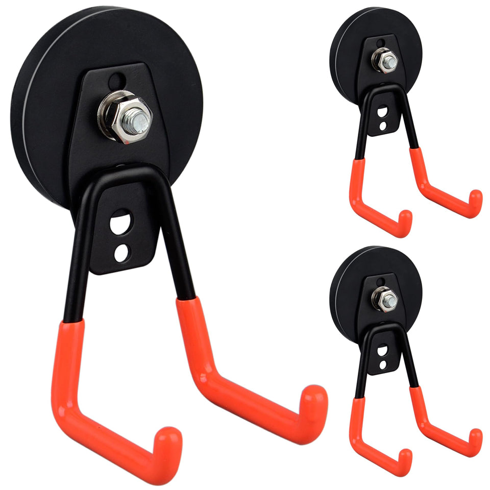 ULIBERMAGNET heavy-duty garage magnet hooks in orange securely hold tools on pegboard