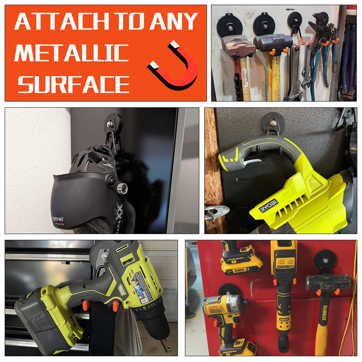 ULIBERMAGNET hose and broom hanging securely on magnetic hooks in workshop