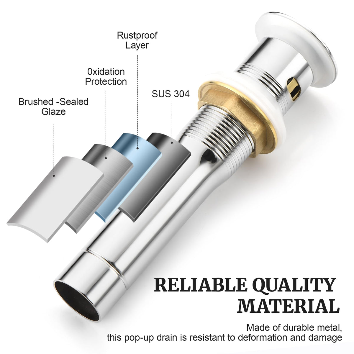 Ultimate Unicorn chrome drain body highlights durable brass and stainless steel construction.