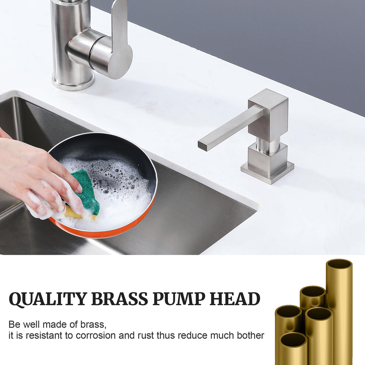 Close-up on copper pump head highlights sturdy metal construction.