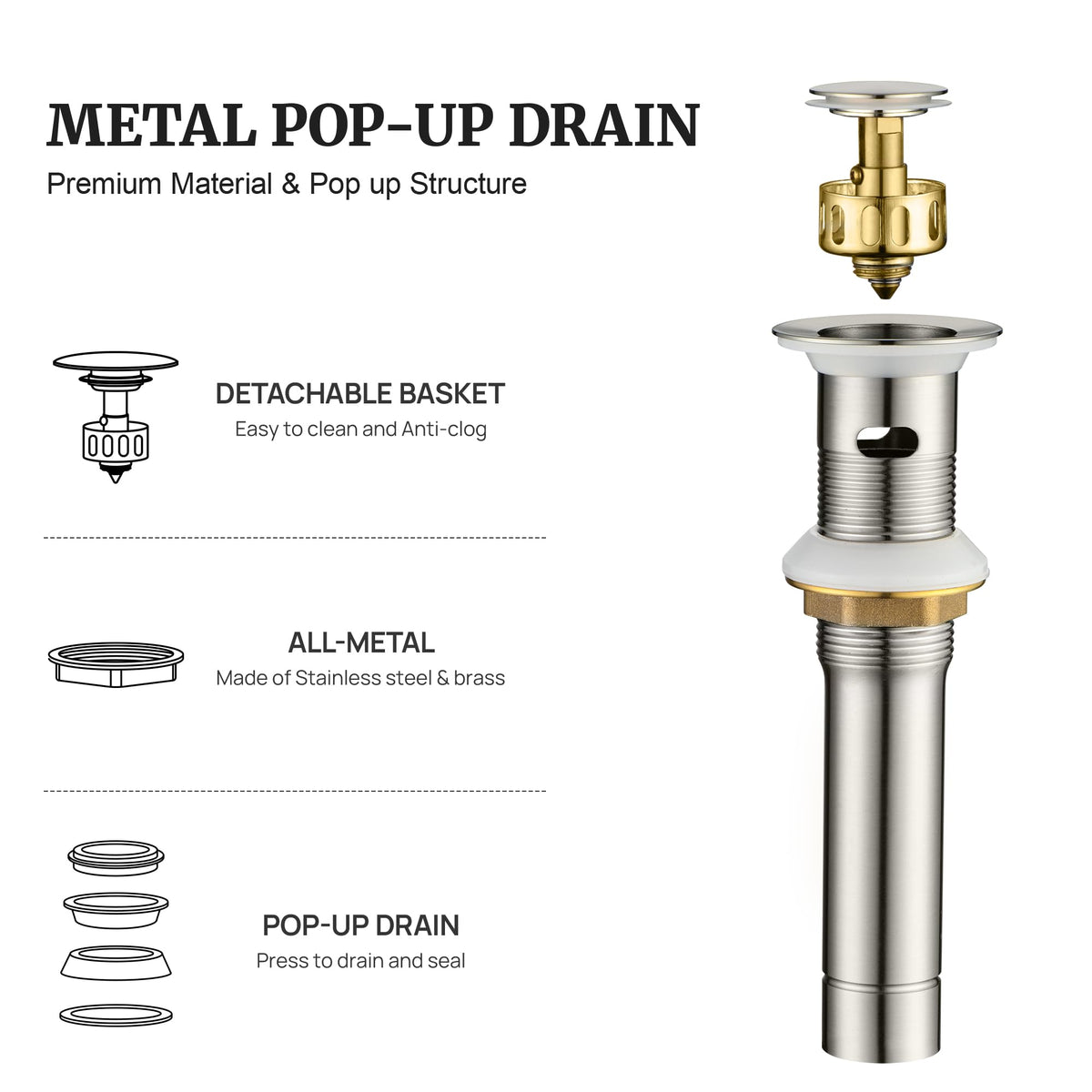 Ultimate Unicorn drain body in brushed-nickel finish offers durable, corrosion-resistant use