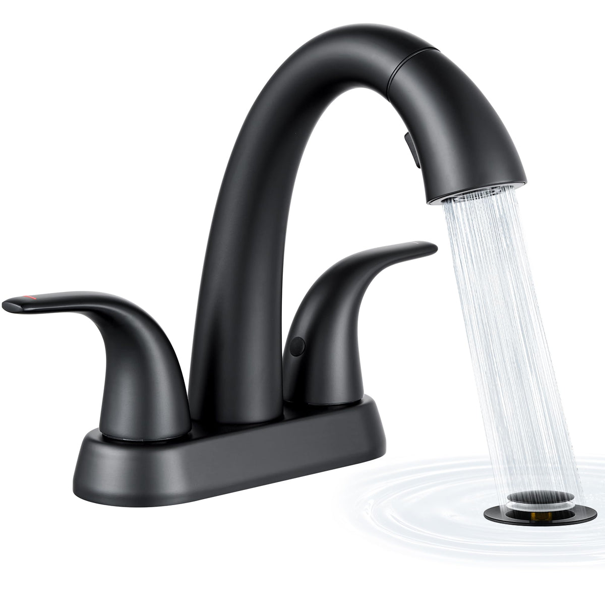 Ultimate Unicorn pull-down bathroom faucet in matte black for quick rinsing and easy sink cleanup.