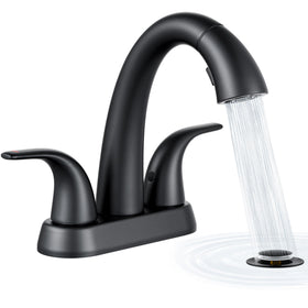 Ultimate Unicorn pull-down bathroom faucet in matte black for quick rinsing and easy sink cleanup.
