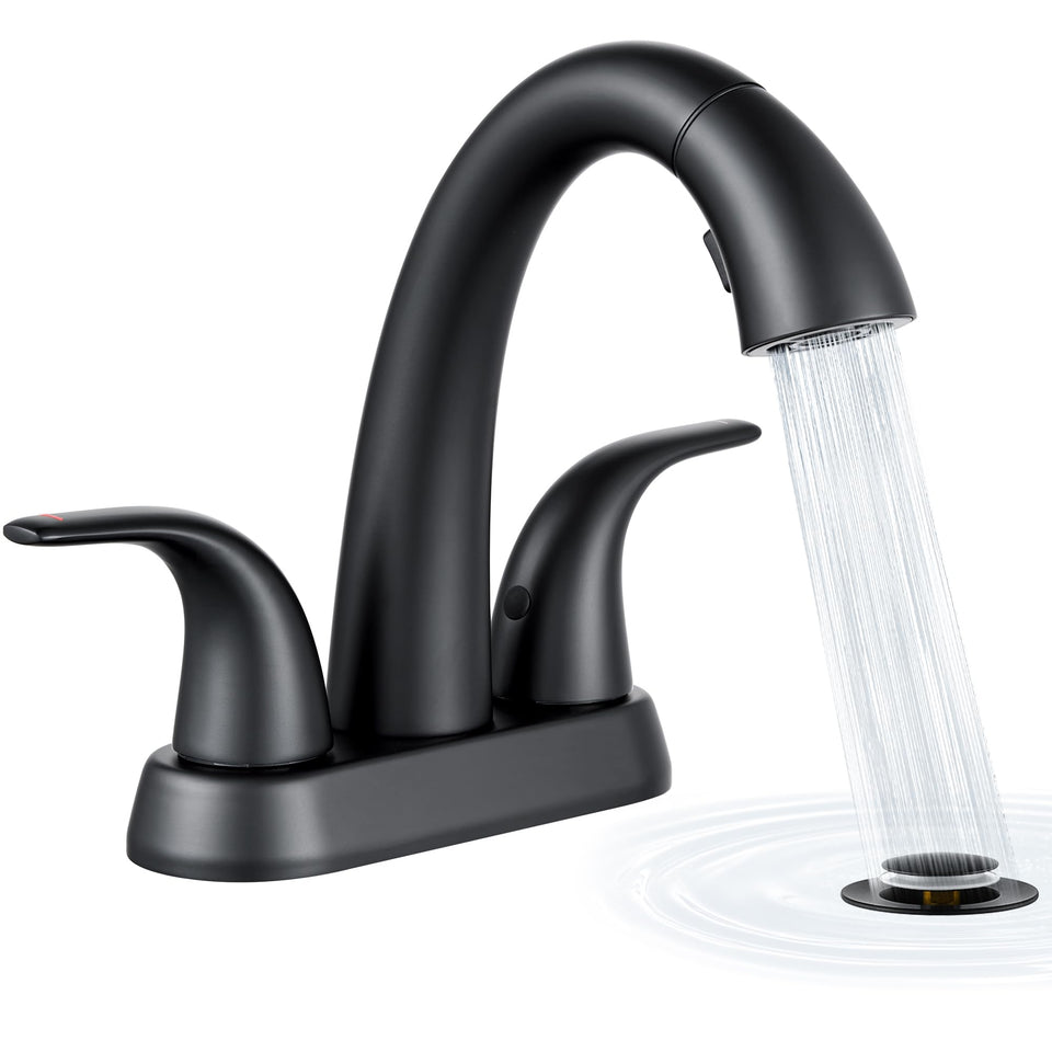 Ultimate Unicorn pull-down bathroom faucet in matte black for quick rinsing and easy sink cleanup.