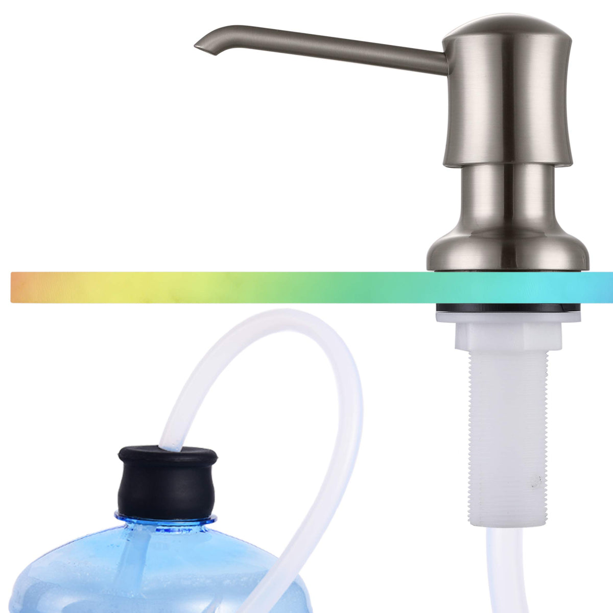 Ultimate Unicorn sink dispenser with brushed nickel pump for easy soap access.