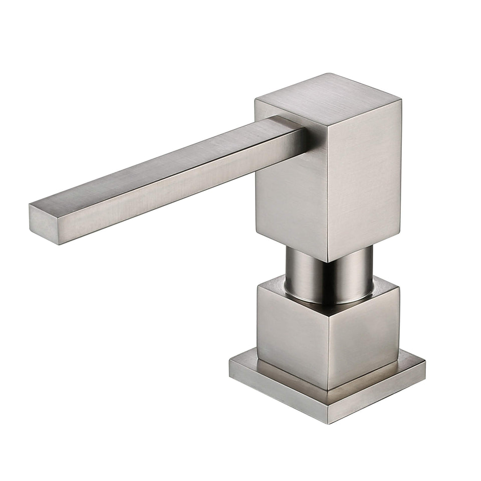 Ultimate Unicorn sink dispenser with brushed nickel finish and top-refill design for easy use.