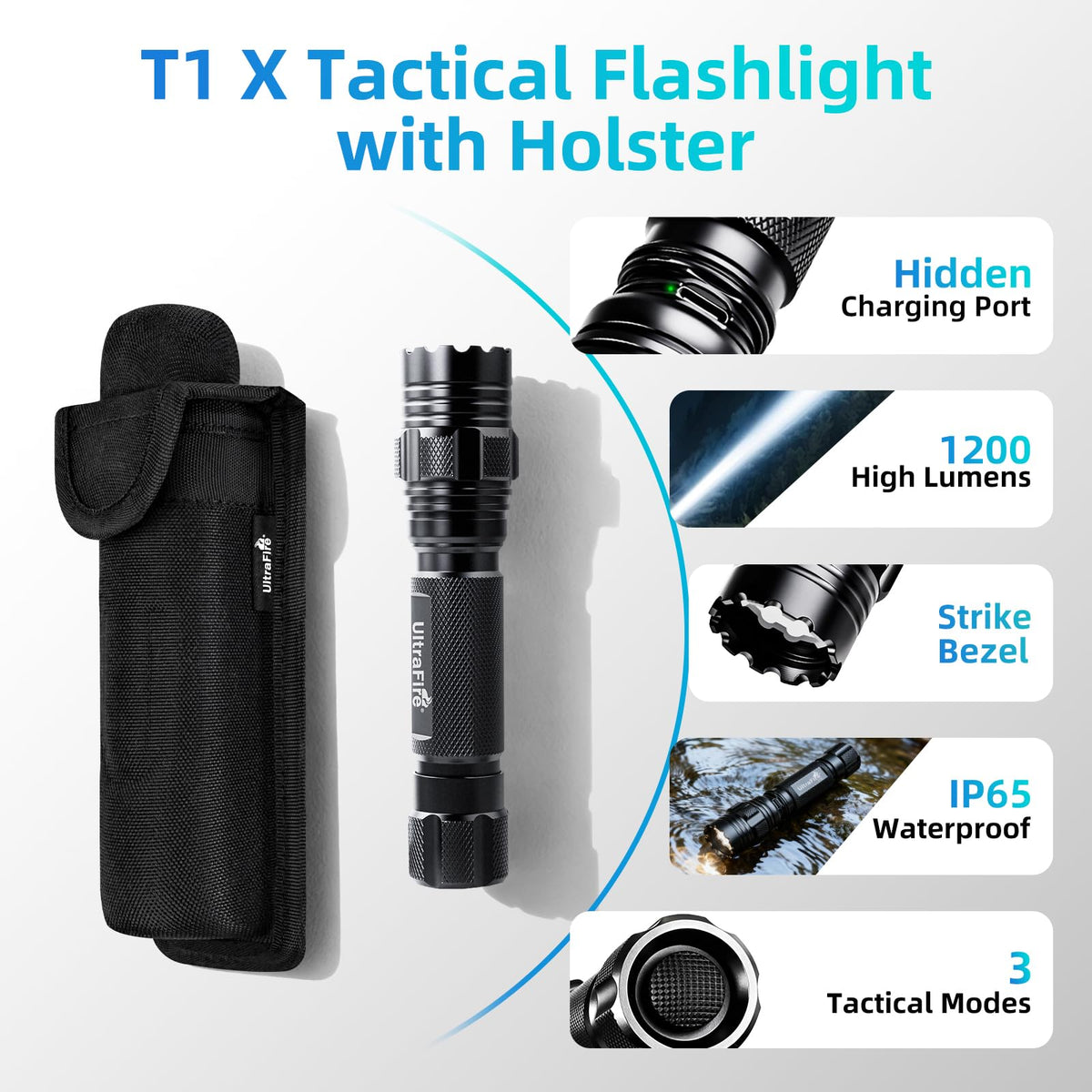 ULTRAFIRE 1200-lumen beam for clear visibility over distance.