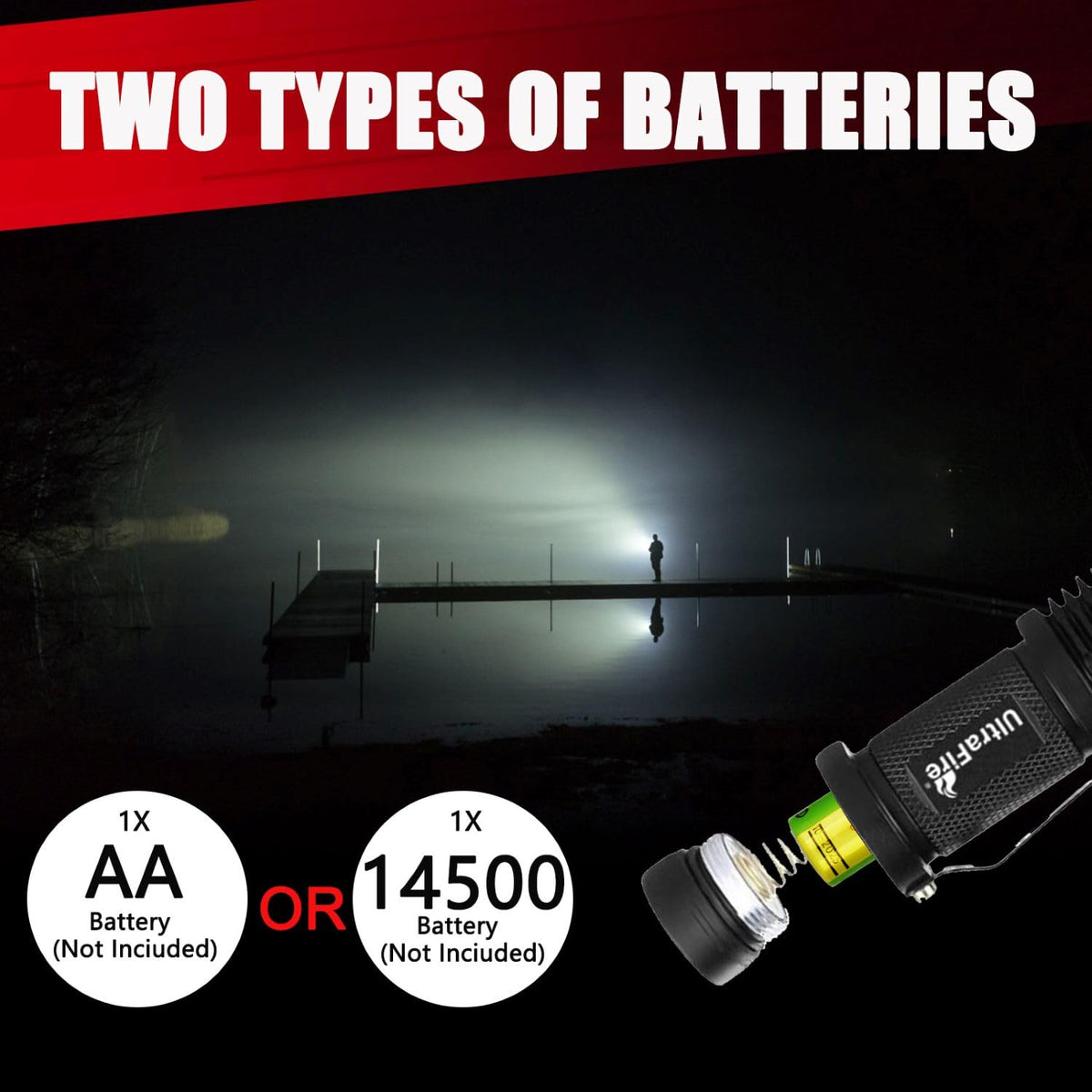 ULTRAFIRE aluminum body flashlight offers durable rugged performance.