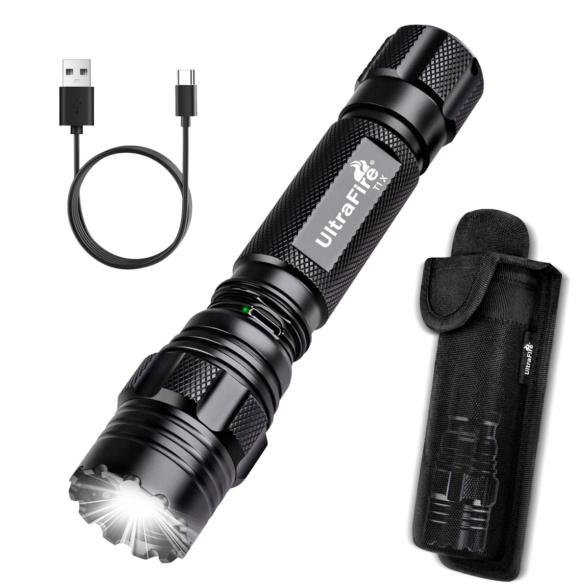 ULTRAFIRE Rechargeable Tactical Flashlight with holster for quick access on duty.